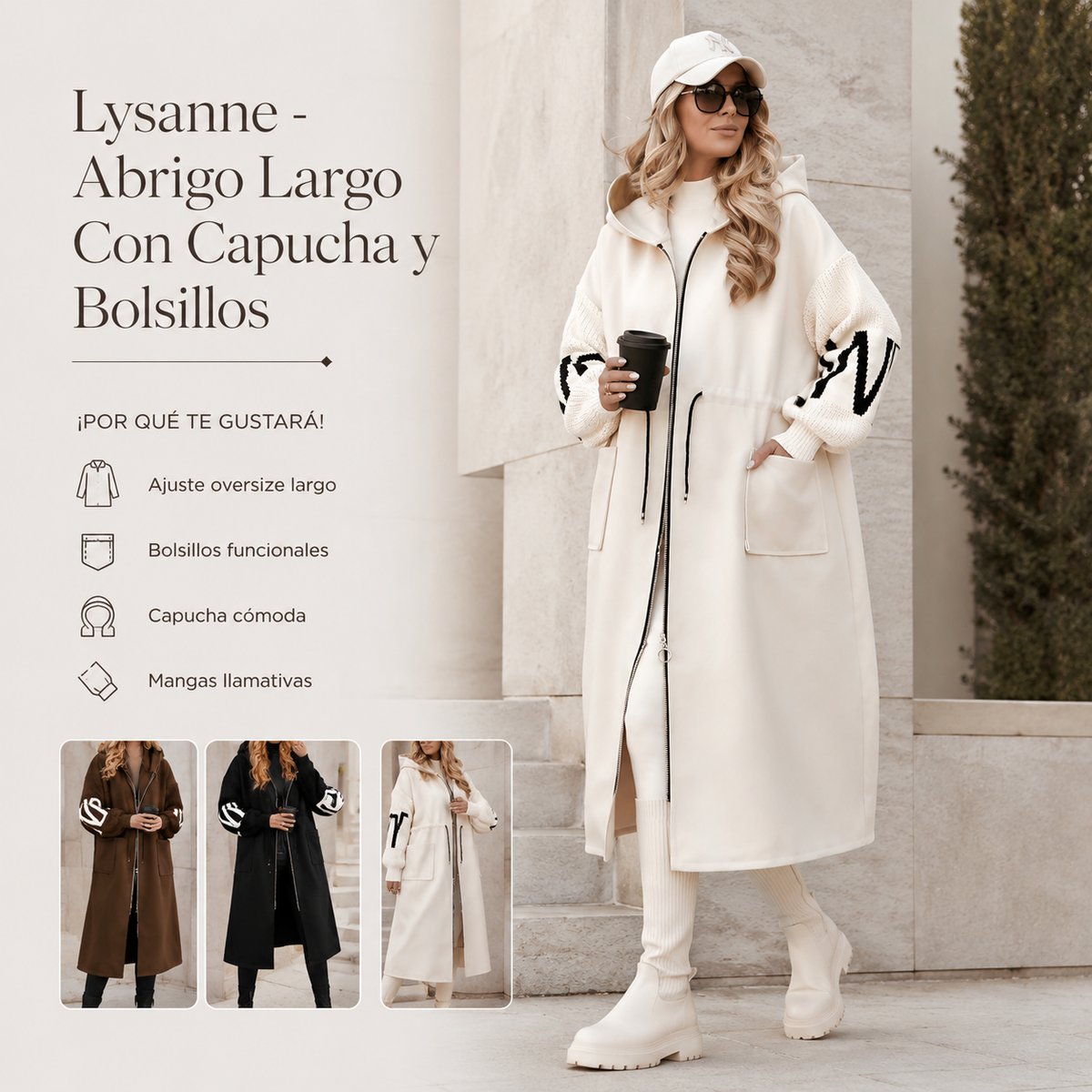 Lysanne - Abrigo Largo Con Capucha y Bolsillos