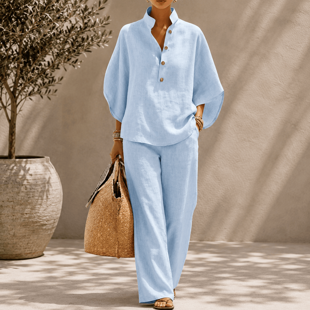 Maribel™ | Conjunto de lino con mangas murciélago y pantalón ancho