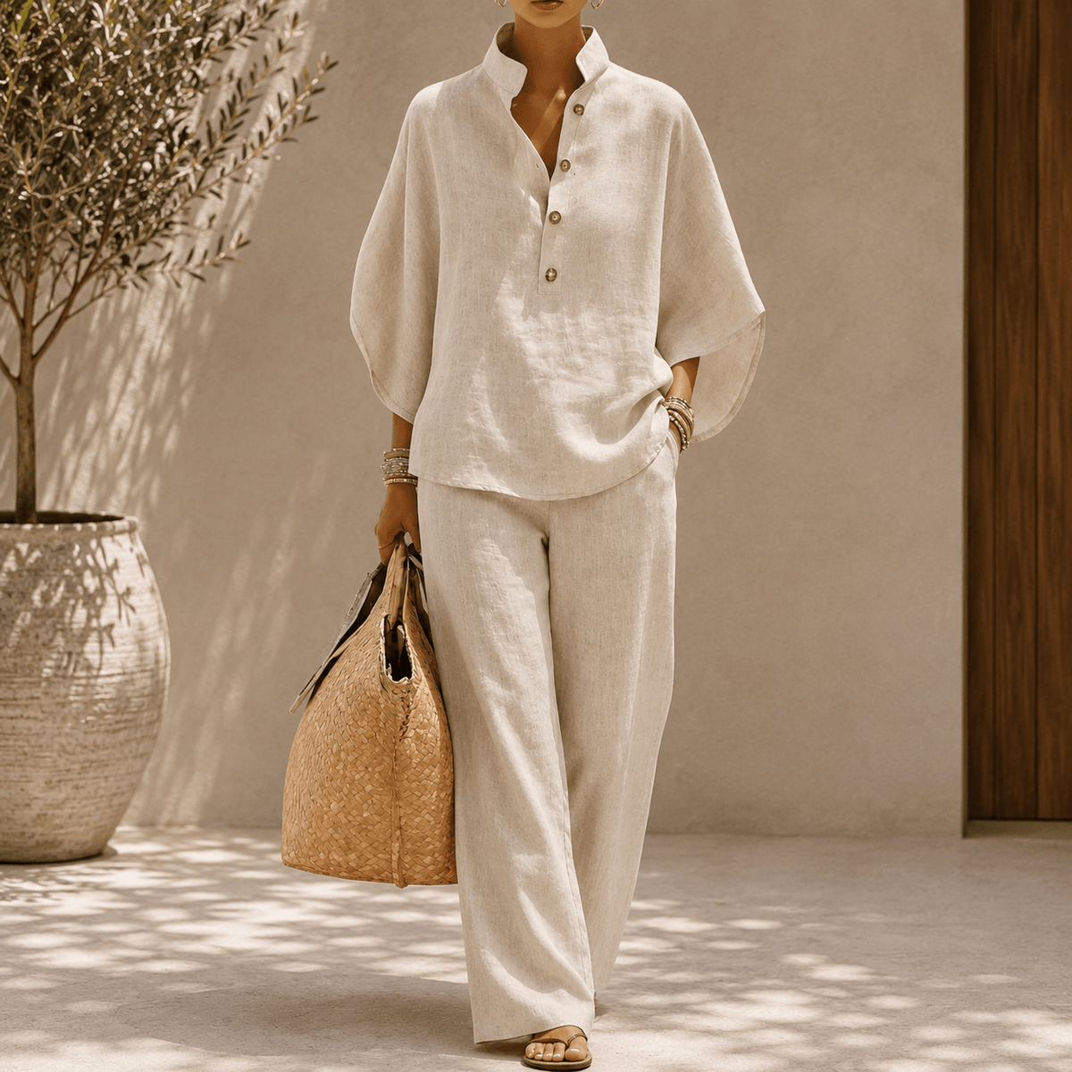 Maribel™ | Conjunto de lino con mangas murciélago y pantalón ancho